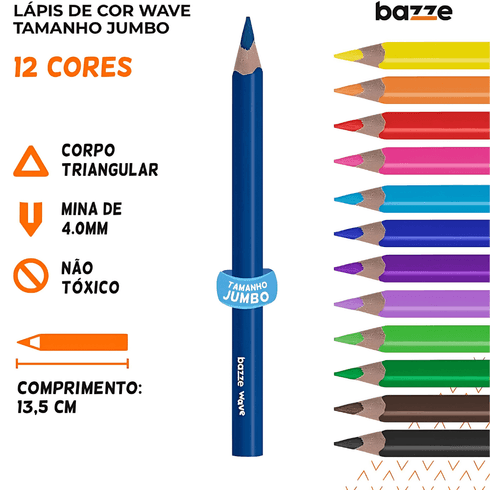 Lápis de Cor Jumbo Wave c/ 12 Cores - Bazze - Kidverte